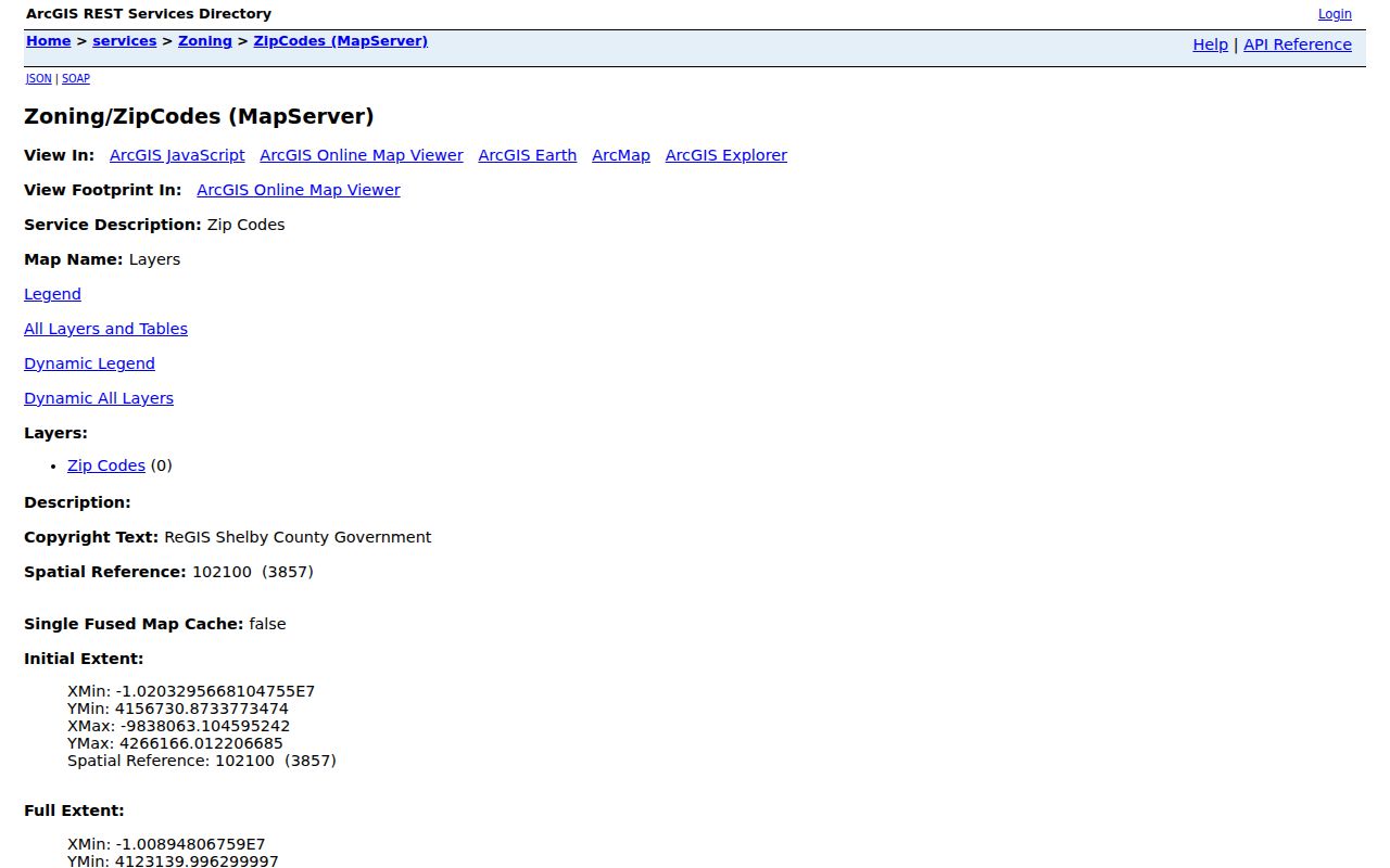 Shelby County ZIP code polygon map service
